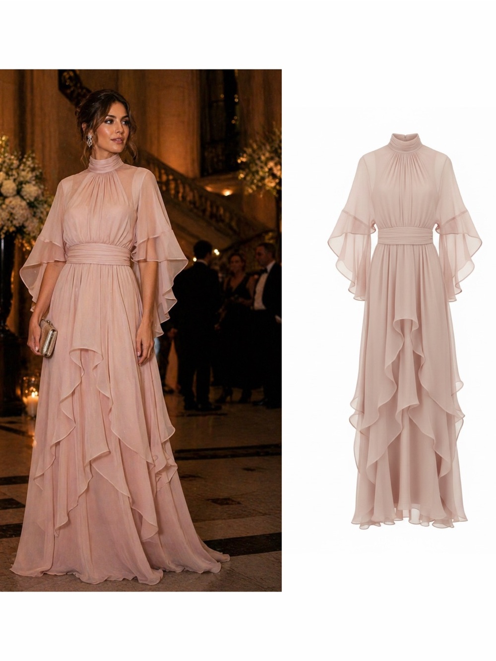 Alberta Ferretti Silk Chiffon Ruffle Gown Blush Pink High Neck Dress US 6 NWT ⚪️